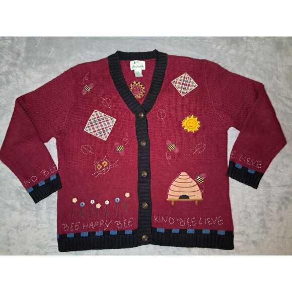 The Quacker Factory Bumble Bee Hive Sun Flower Sweater Women Sz Large - Picture 1 of 9